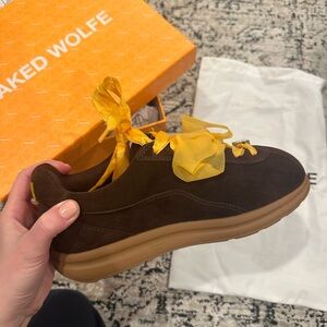 Naked Wolfe Dark Brown Sneakers with Bright Yellow Laces